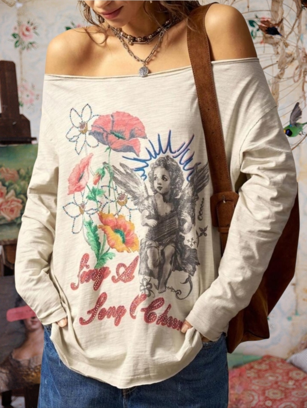 Graphic Off-Shoulder Angel Free Style Floral Tee Shirt Boho Multicolor Print L